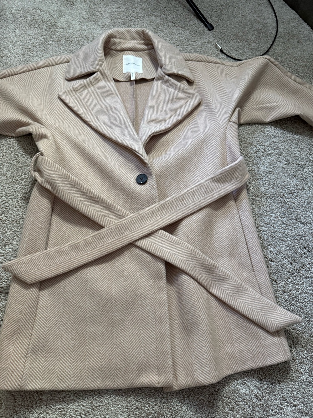 Avec Les Filles Light Beige Herringbone Belted Pea Coat